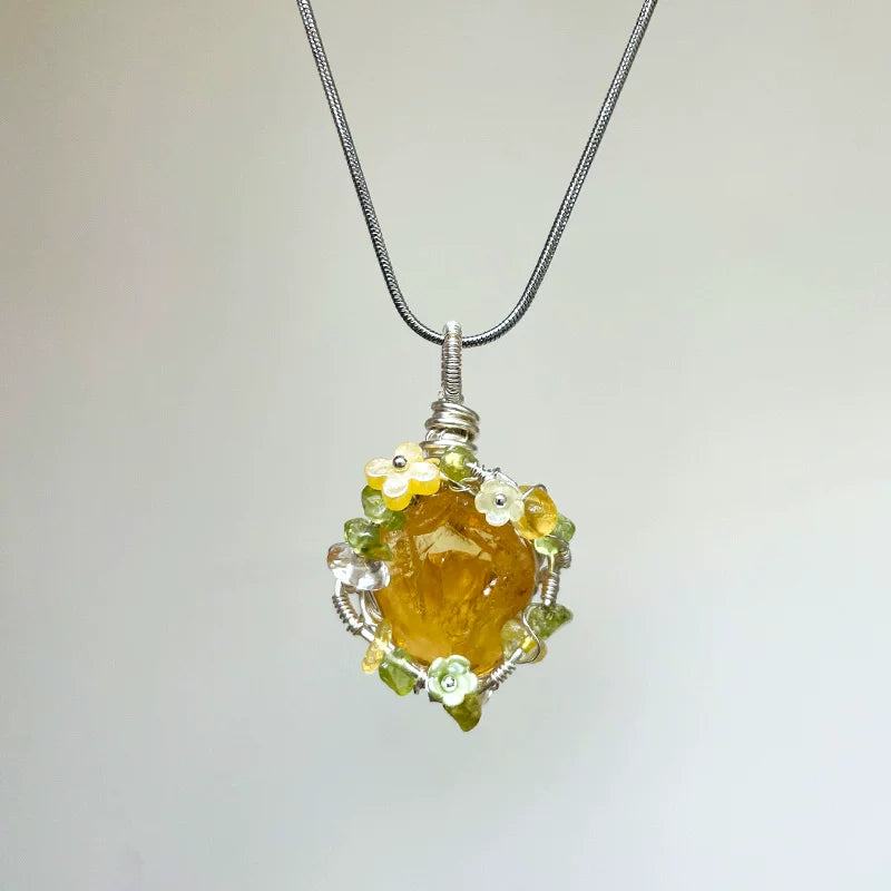 海蓝宝紫水晶粉白水晶绿萤石纯手工绕线项链锁骨链吊坠天然原石