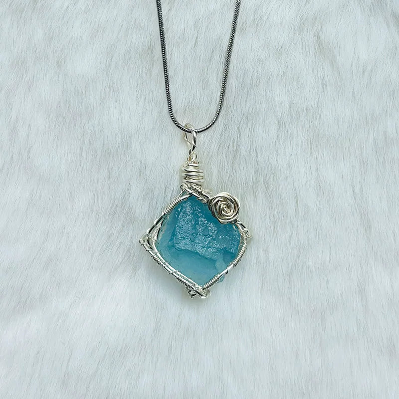 蓝屿海蓝宝紫水晶黄绿水晶纯手工绕线项链锁骨链女夏天吊坠配饰