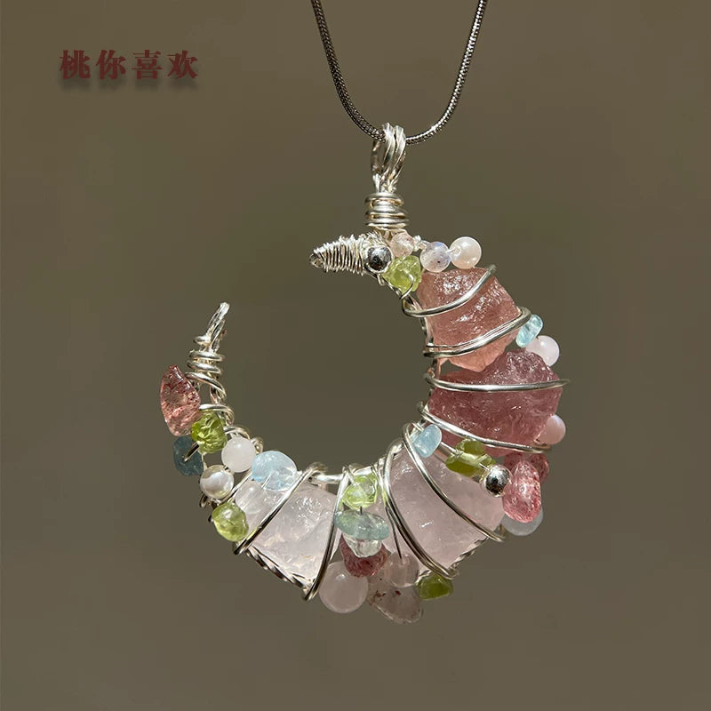 海蓝宝紫水晶粉白水晶纯手工月亮绕线项链锁骨链吊坠挂坠天然原石