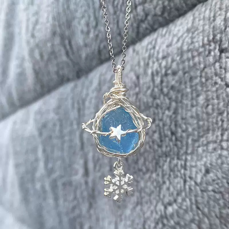 天然原石水晶海蓝宝纯手工绕线项链锁骨链吊坠星芒挂坠定制高级感