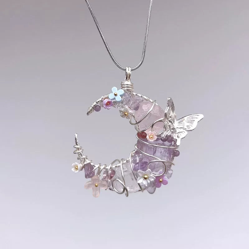 水晶原石项链月亮手工绕线吊坠毛衣链粉水晶绿萤石海蓝宝花间月