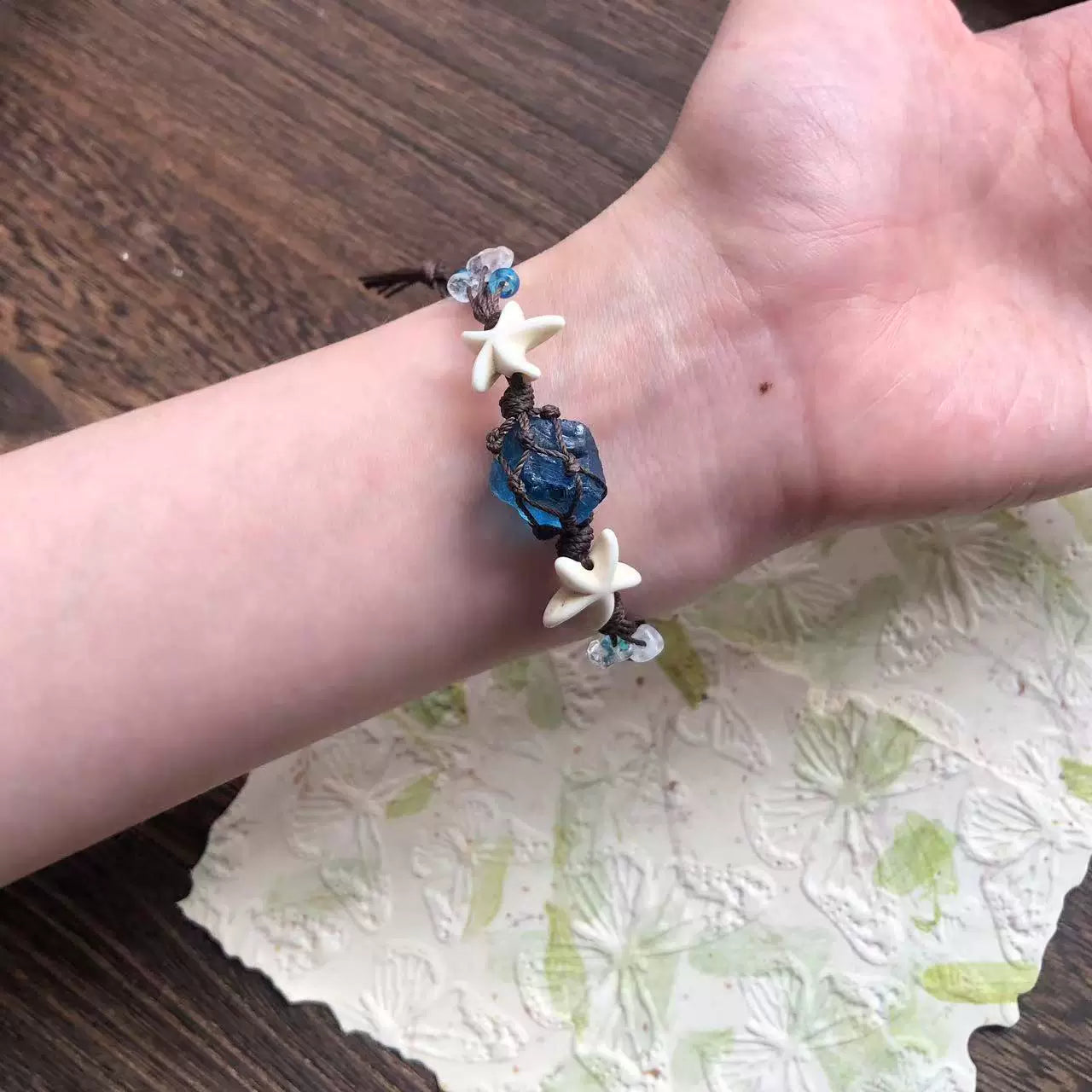 退潮原创设计手编绳琉璃水晶海蓝宝蛋白石项链吊坠海蓝宝礼物蝴蝶