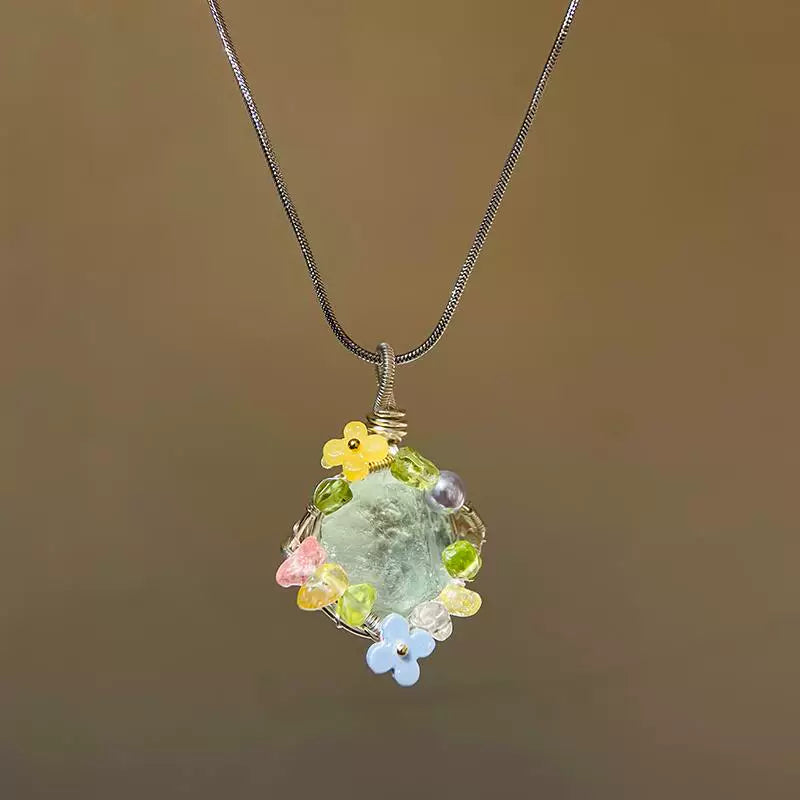 海蓝宝紫水晶粉白水晶绿萤石纯手工绕线项链锁骨链吊坠天然原石