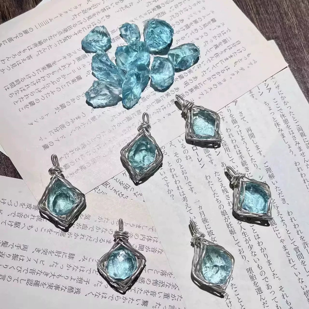 【退潮原创设计】手工绕线琉璃原石水晶项链吊坠仙本那蓝钛钢饰品