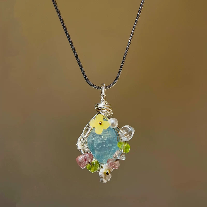 海蓝宝紫水晶粉白水晶绿萤石纯手工绕线项链锁骨链吊坠天然原石