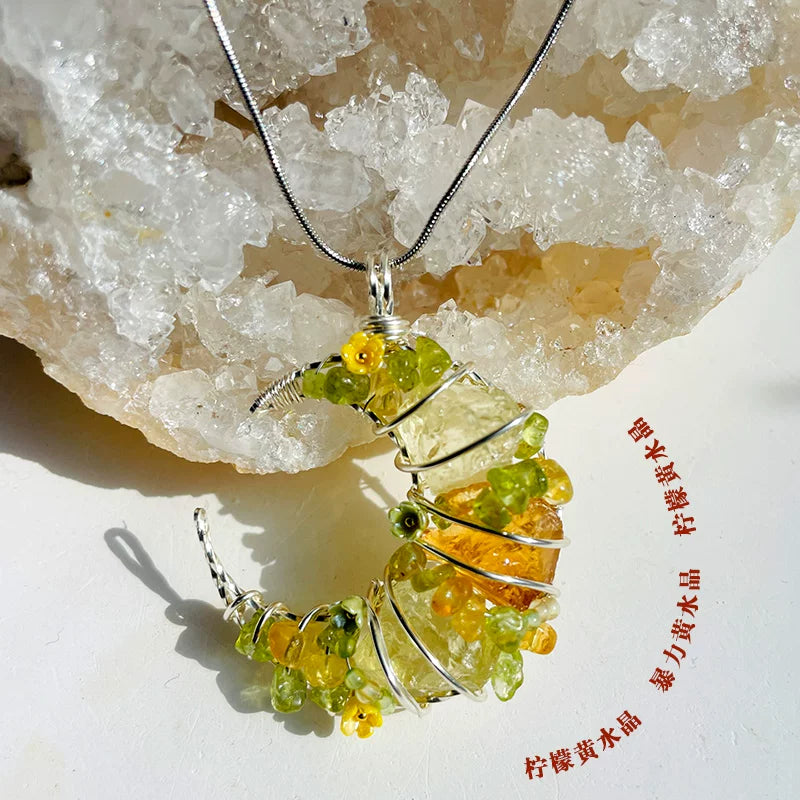 海蓝宝紫水晶粉白水晶纯手工月亮绕线项链锁骨链吊坠挂坠天然原石