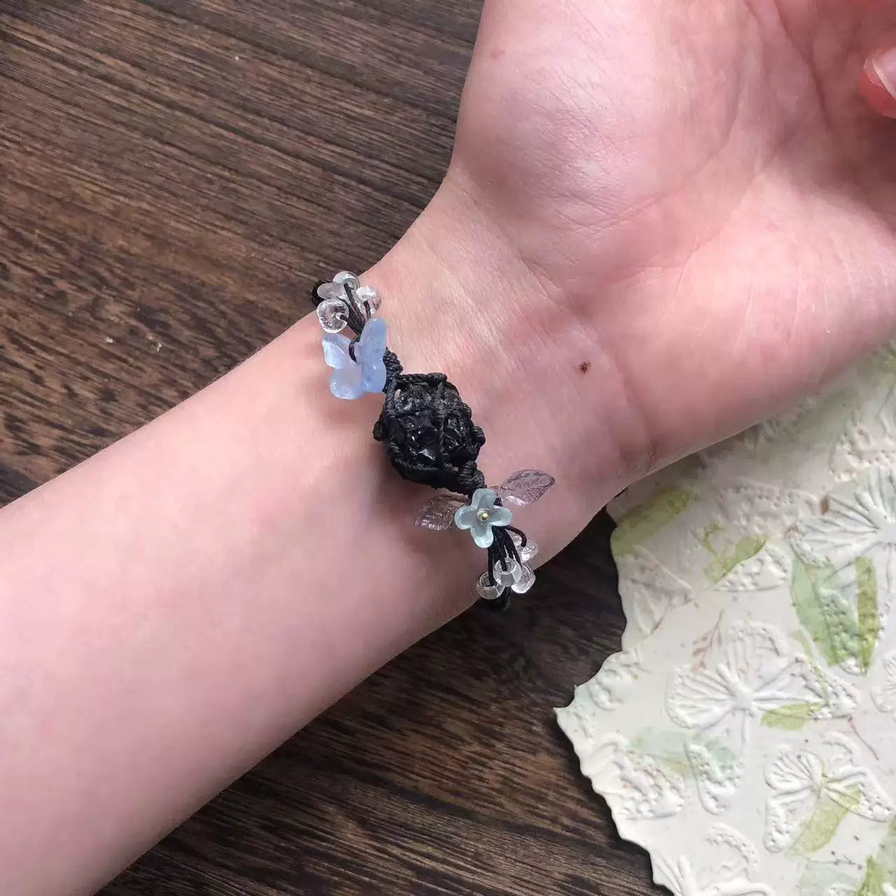 退潮原创设计手编绳琉璃水晶海蓝宝蛋白石项链吊坠海蓝宝礼物蝴蝶