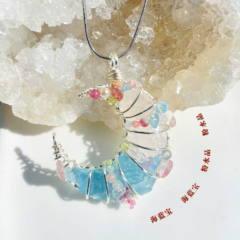 海蓝宝紫水晶粉白水晶纯手工月亮绕线项链锁骨链吊坠挂坠天然原石
