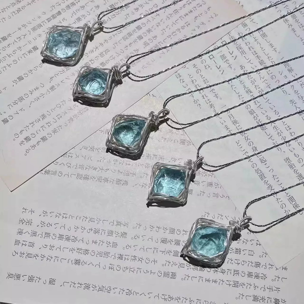 【退潮原创设计】手工绕线琉璃原石水晶项链吊坠仙本那蓝钛钢饰品