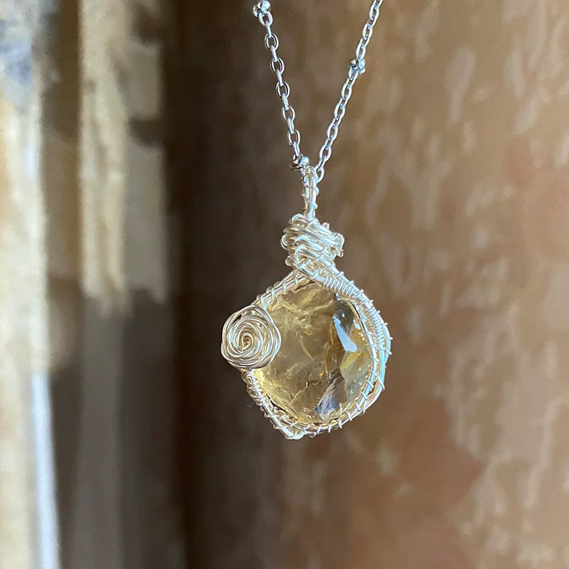 蓝屿海蓝宝紫水晶黄绿水晶纯手工绕线项链锁骨链女夏天吊坠配饰