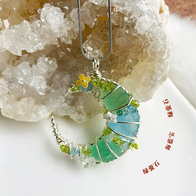 海蓝宝紫水晶粉白水晶纯手工月亮绕线项链锁骨链吊坠挂坠天然原石