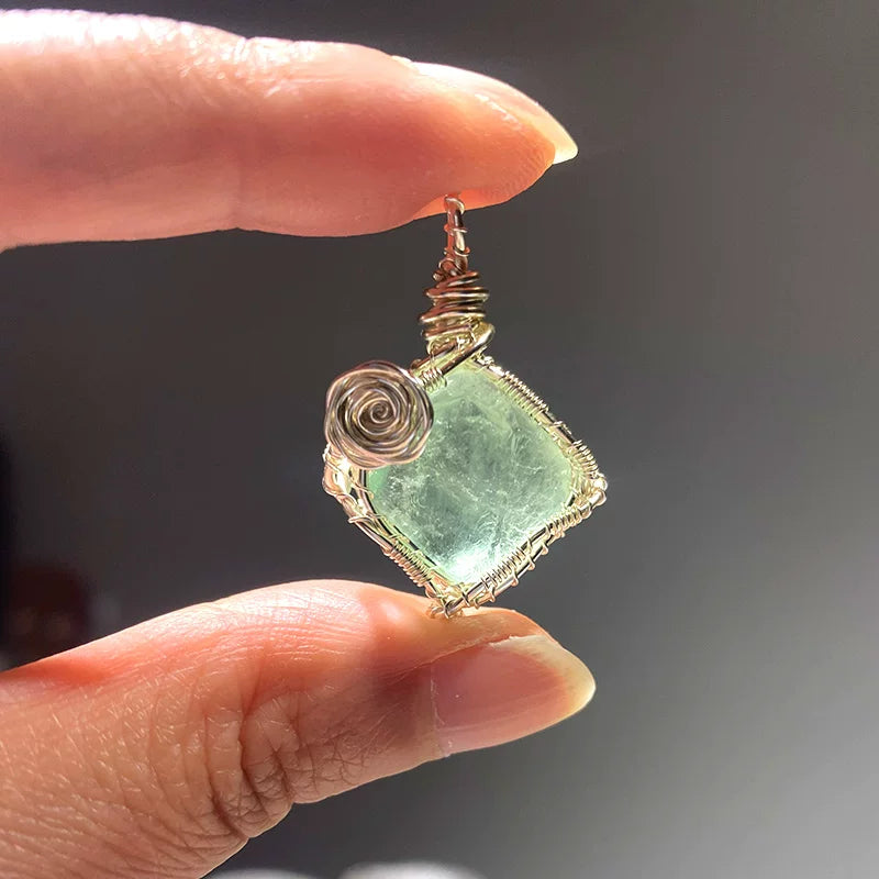 蓝屿海蓝宝紫水晶黄绿水晶纯手工绕线项链锁骨链女夏天吊坠配饰