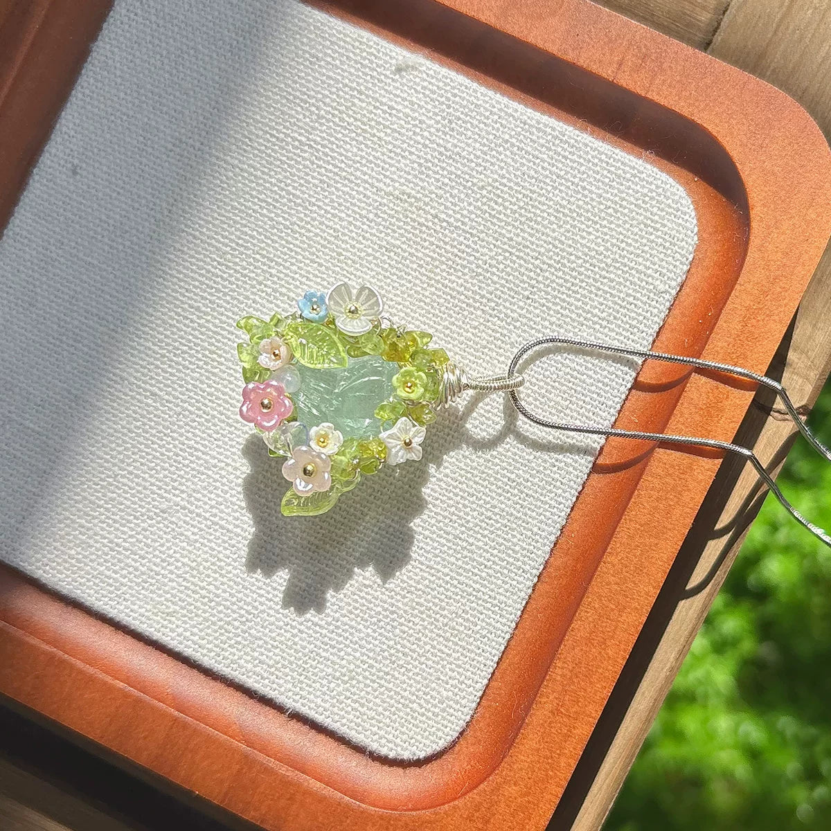 天然水晶原石项链花环手工绕线吊坠毛衣链粉水晶绿萤石海蓝宝花间