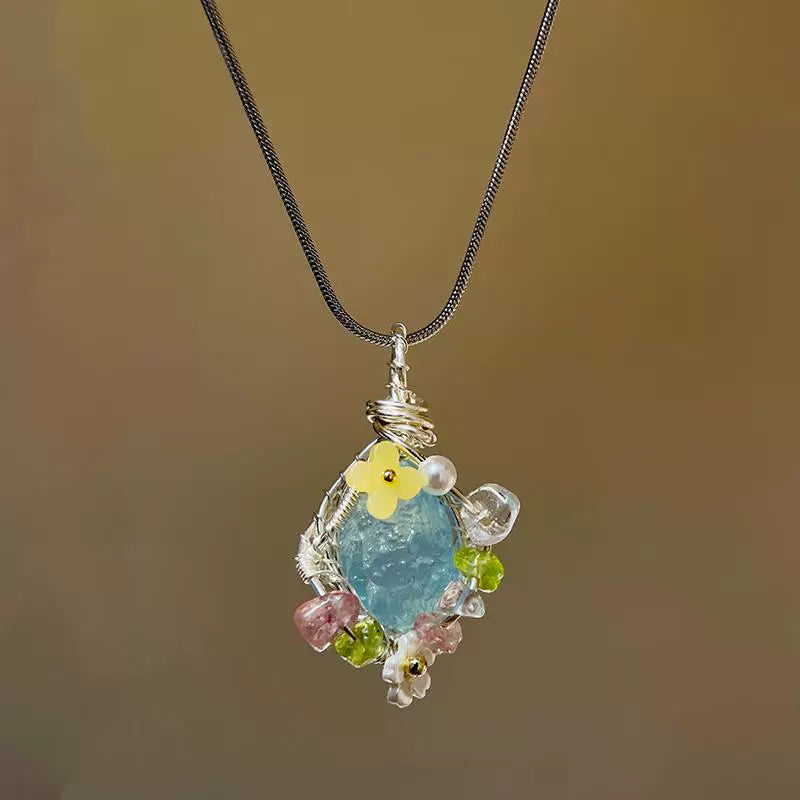 海蓝宝紫水晶粉白水晶绿萤石纯手工绕线项链锁骨链吊坠天然原石