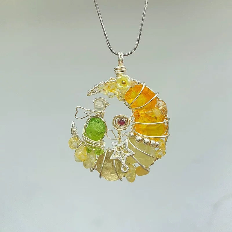天然水晶原石项链小王子手工绕线吊坠黄水晶可定制海蓝宝绿萤石