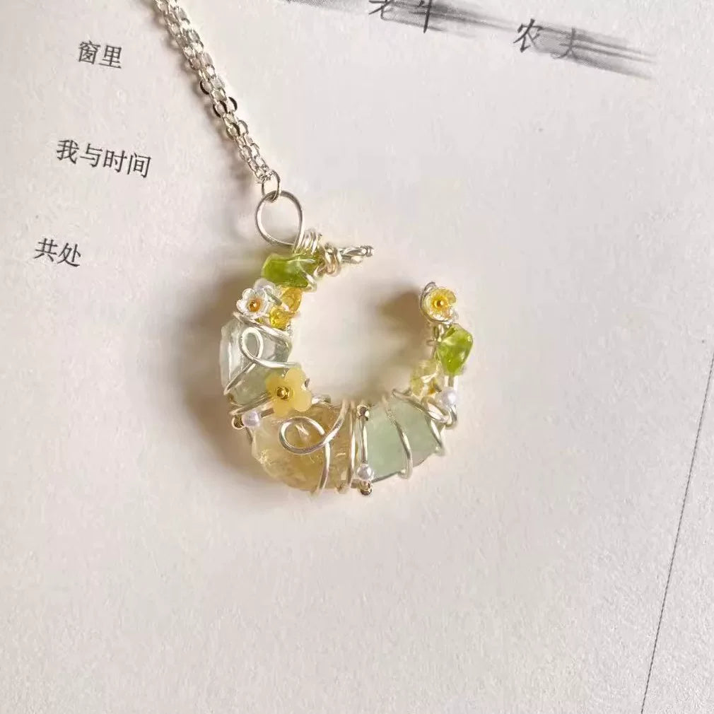 退潮原创正版天然水晶手工绕线吊坠项链月亮款毛衣链生日礼物礼品