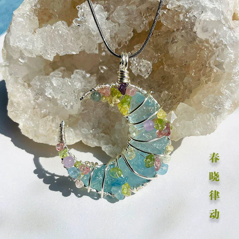 海蓝宝紫水晶粉白水晶纯手工月亮绕线项链锁骨链吊坠挂坠天然原石