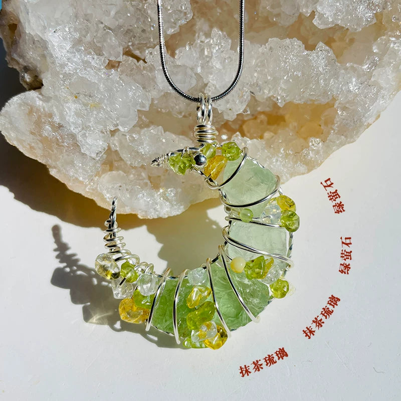 海蓝宝紫水晶粉白水晶纯手工月亮绕线项链锁骨链吊坠挂坠天然原石