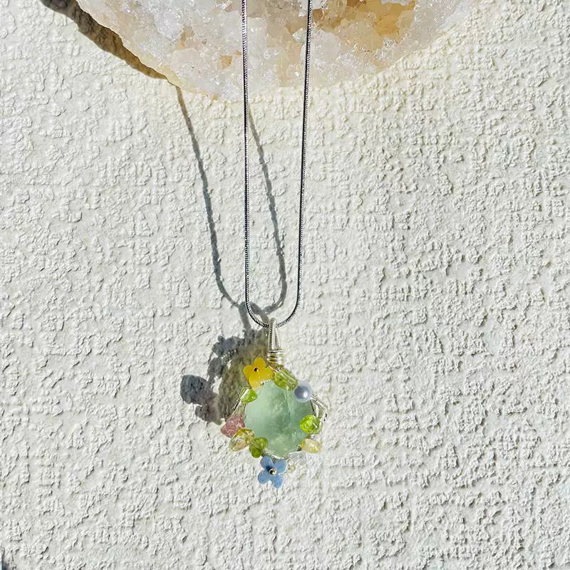 海蓝宝紫水晶粉白水晶绿萤石纯手工绕线项链锁骨链吊坠天然原石