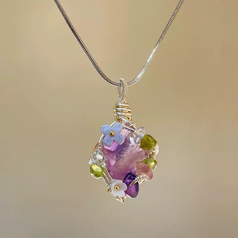 海蓝宝紫水晶粉白水晶绿萤石纯手工绕线项链锁骨链吊坠天然原石