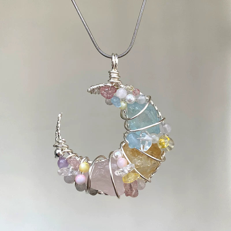海蓝宝紫水晶粉白水晶纯手工月亮绕线项链锁骨链吊坠挂坠天然原石