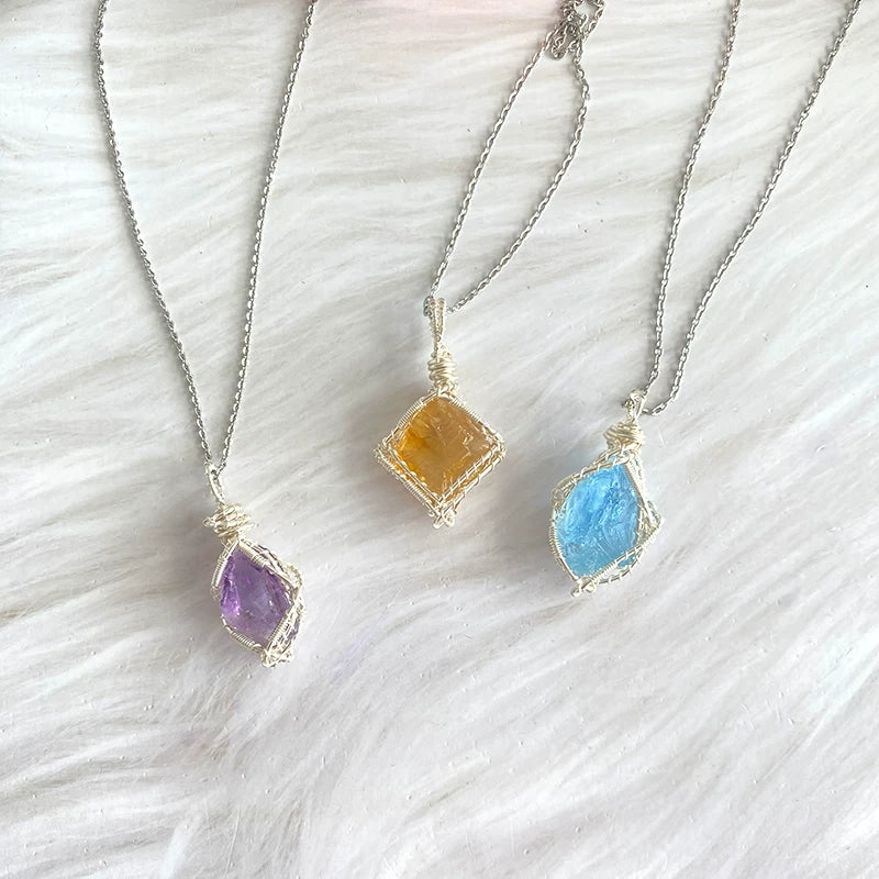 手工绕线原石水晶项链吊坠饰品黄水晶海蓝宝紫水晶宝石级天然水晶