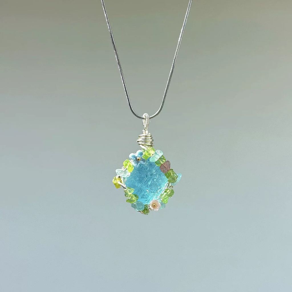 天然水晶原石项链花环手工绕线吊坠毛衣链粉水晶绿萤石海蓝宝花间