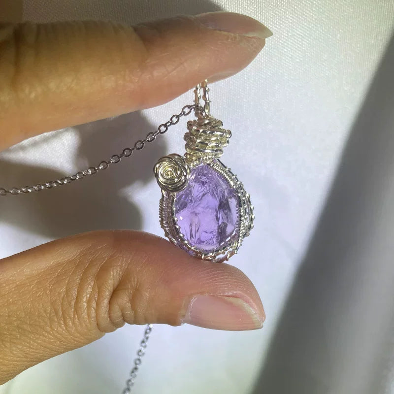 蓝屿海蓝宝紫水晶黄绿水晶纯手工绕线项链锁骨链女夏天吊坠配饰