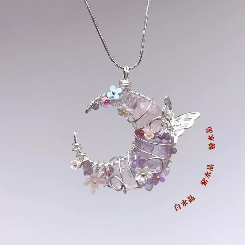水晶原石项链月亮手工绕线吊坠毛衣链粉水晶绿萤石海蓝宝花间月