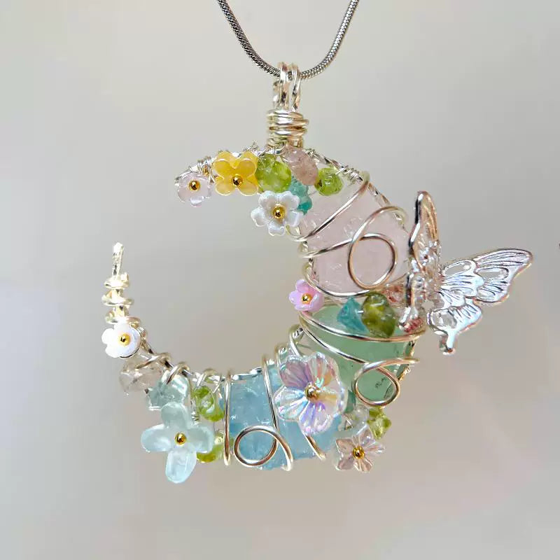 水晶原石项链月亮手工绕线吊坠毛衣链粉水晶绿萤石海蓝宝花间月