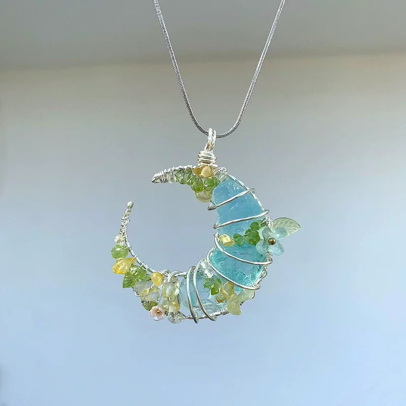 海蓝宝紫水晶粉白水晶纯手工月亮绕线项链锁骨链吊坠挂坠天然原石