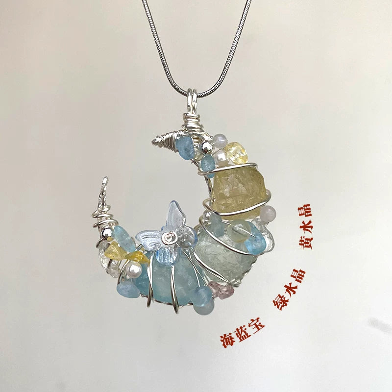 海蓝宝紫水晶粉白水晶纯手工月亮绕线项链锁骨链吊坠挂坠天然原石