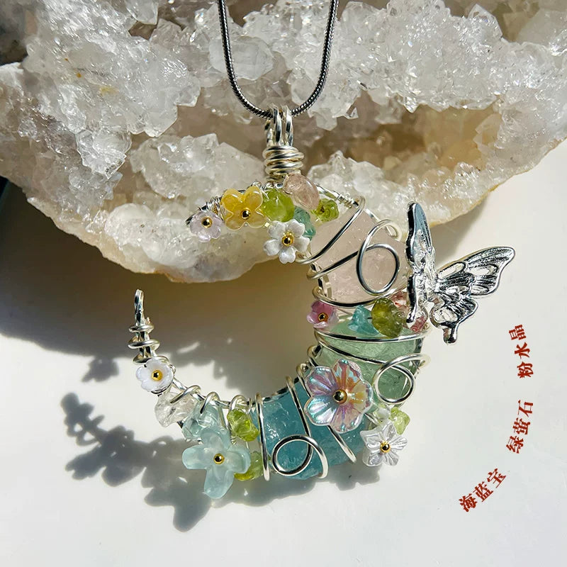 水晶原石项链月亮手工绕线吊坠毛衣链粉水晶绿萤石海蓝宝花间月