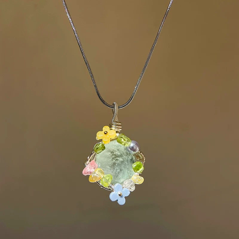 海蓝宝紫水晶粉白水晶绿萤石纯手工绕线项链锁骨链吊坠天然原石