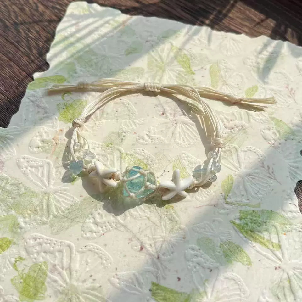 退潮原创设计手编绳琉璃水晶海蓝宝蛋白石项链吊坠海蓝宝礼物蝴蝶