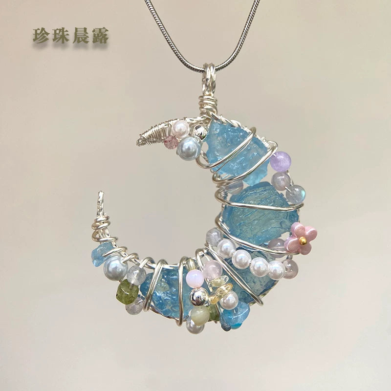 海蓝宝紫水晶粉白水晶纯手工月亮绕线项链锁骨链吊坠挂坠天然原石