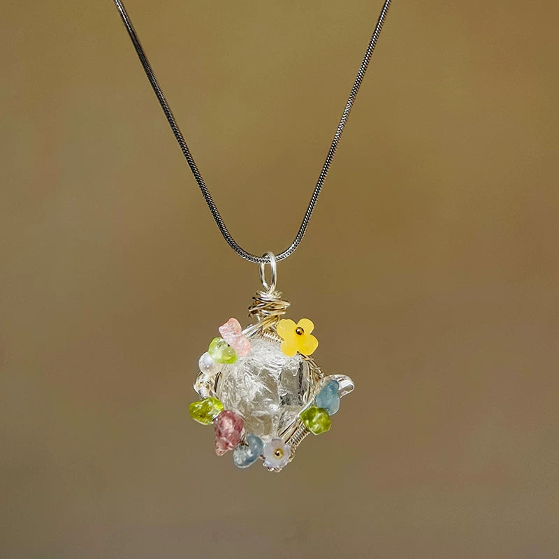 海蓝宝紫水晶粉白水晶绿萤石纯手工绕线项链锁骨链吊坠天然原石