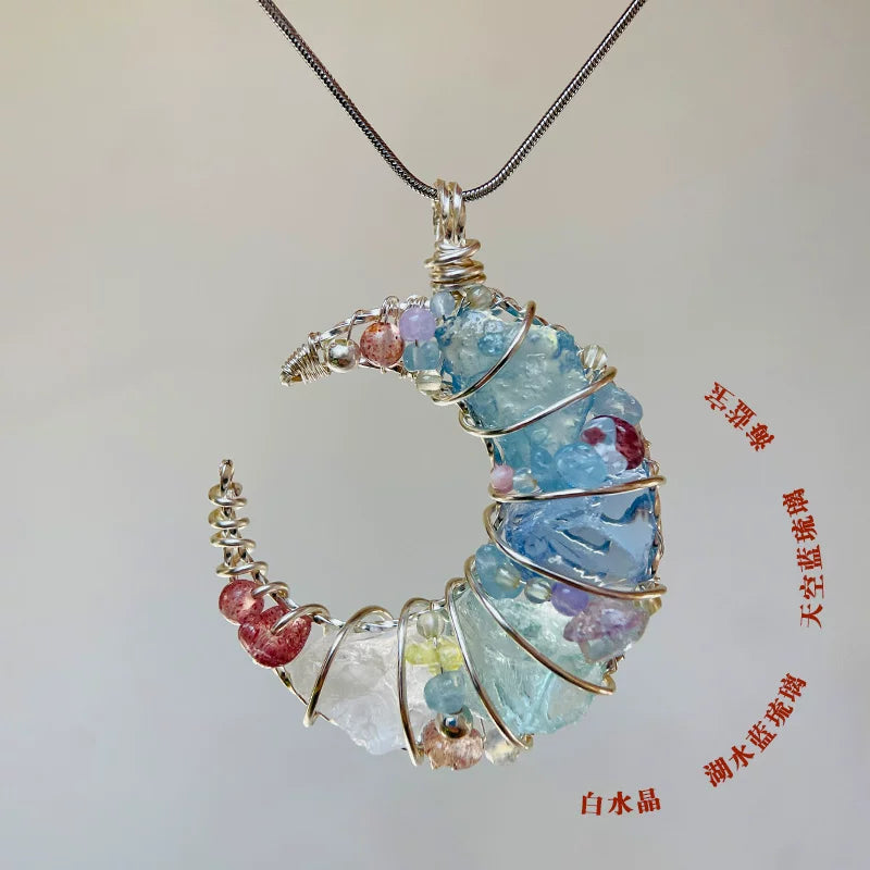 天然水晶原石+琉璃项链手工绕线吊坠女锁骨链天湖逸韵毛衣链