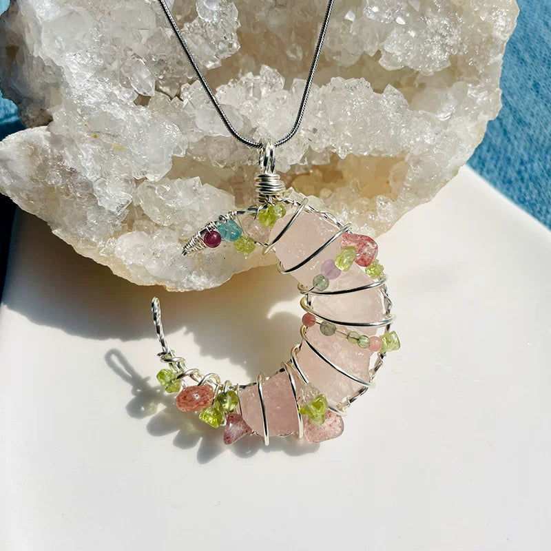 海蓝宝紫水晶粉白水晶纯手工月亮绕线项链锁骨链吊坠挂坠天然原石