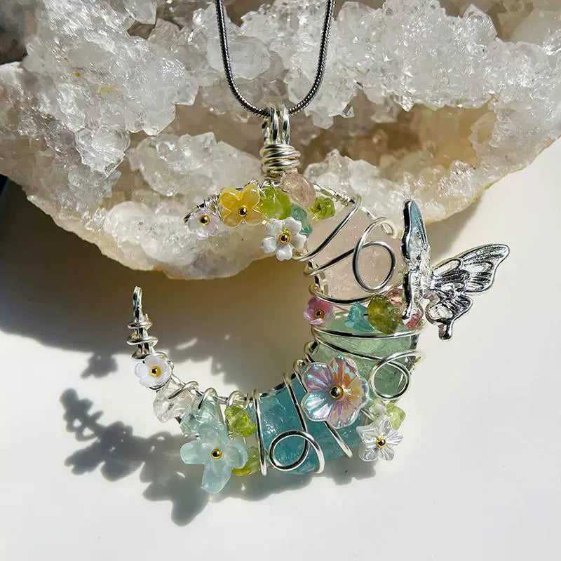 水晶原石项链月亮手工绕线吊坠毛衣链粉水晶绿萤石海蓝宝花间月
