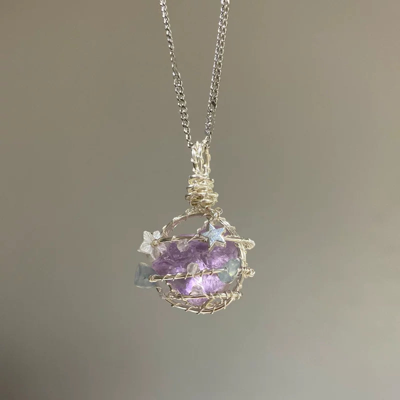 海蓝宝紫水晶粉白水晶绿萤石纯手工绕线项链锁骨链吊坠天然原石