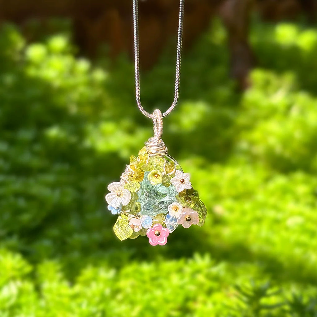 天然水晶原石项链花环手工绕线吊坠毛衣链粉水晶绿萤石海蓝宝花间