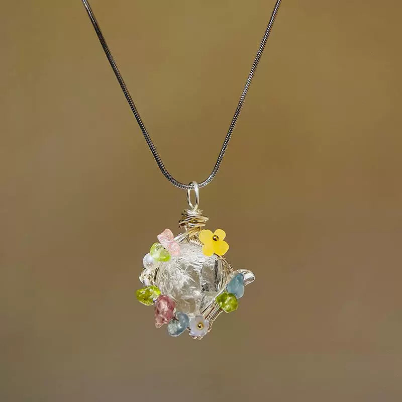 海蓝宝紫水晶粉白水晶绿萤石纯手工绕线项链锁骨链吊坠天然原石