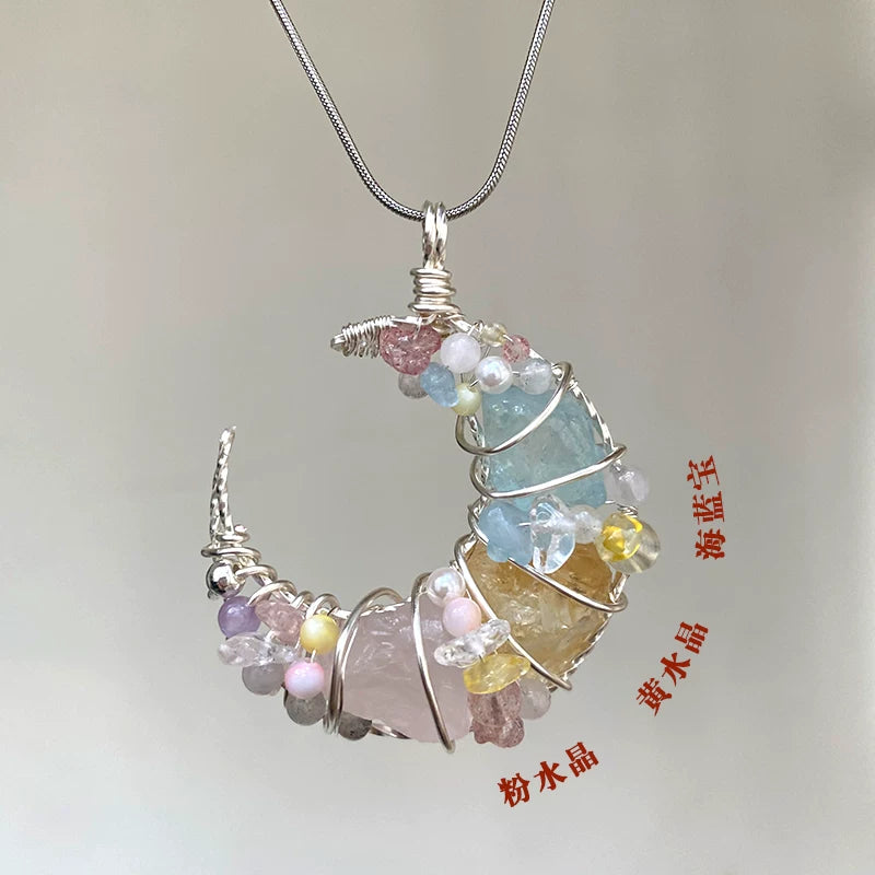 海蓝宝紫水晶粉白水晶纯手工月亮绕线项链锁骨链吊坠挂坠天然原石