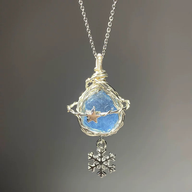 天然原石水晶海蓝宝纯手工绕线项链锁骨链吊坠星芒挂坠定制高级感