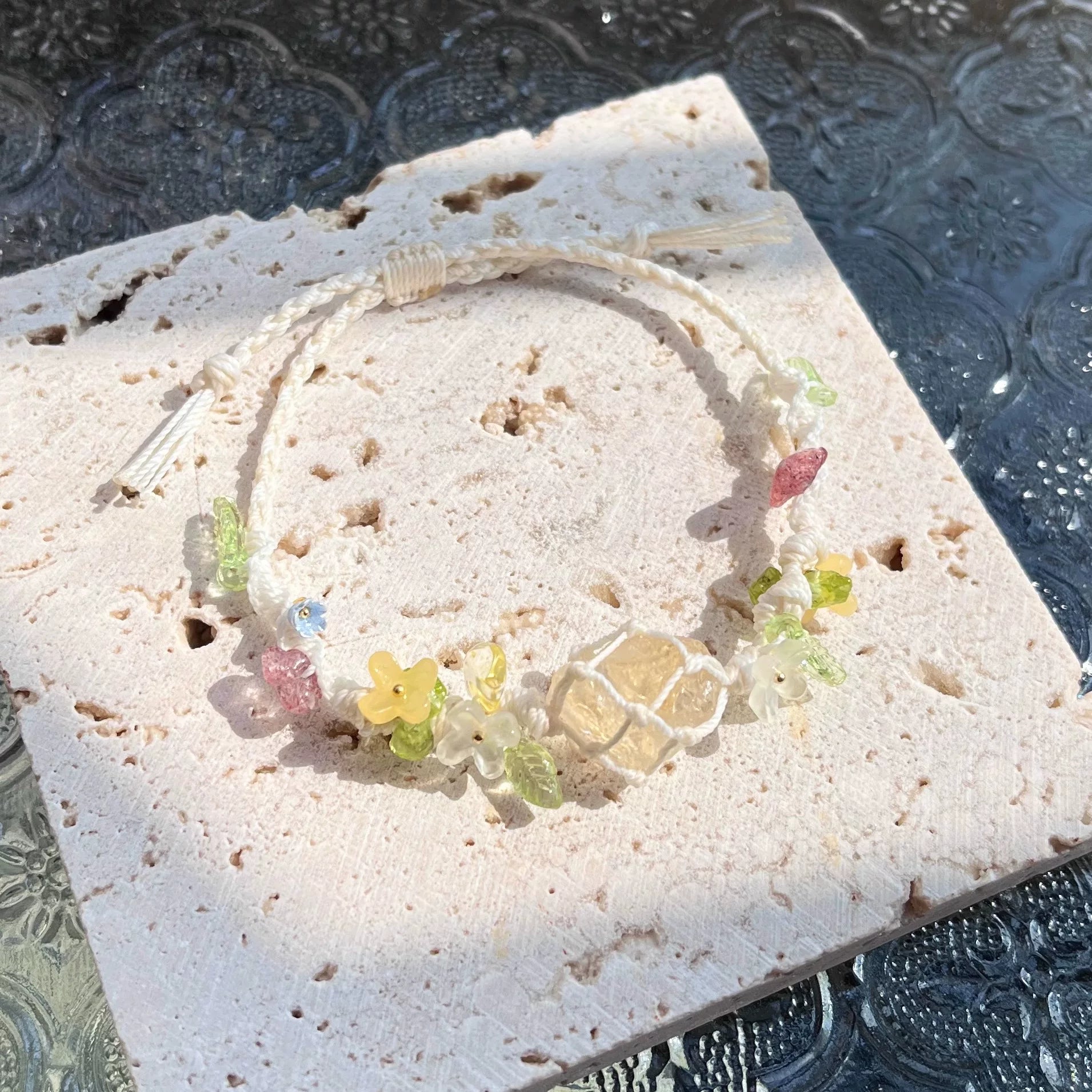 退潮原创设计macrame手作编绳天然黄水晶手链手绳秋天森系草莓晶