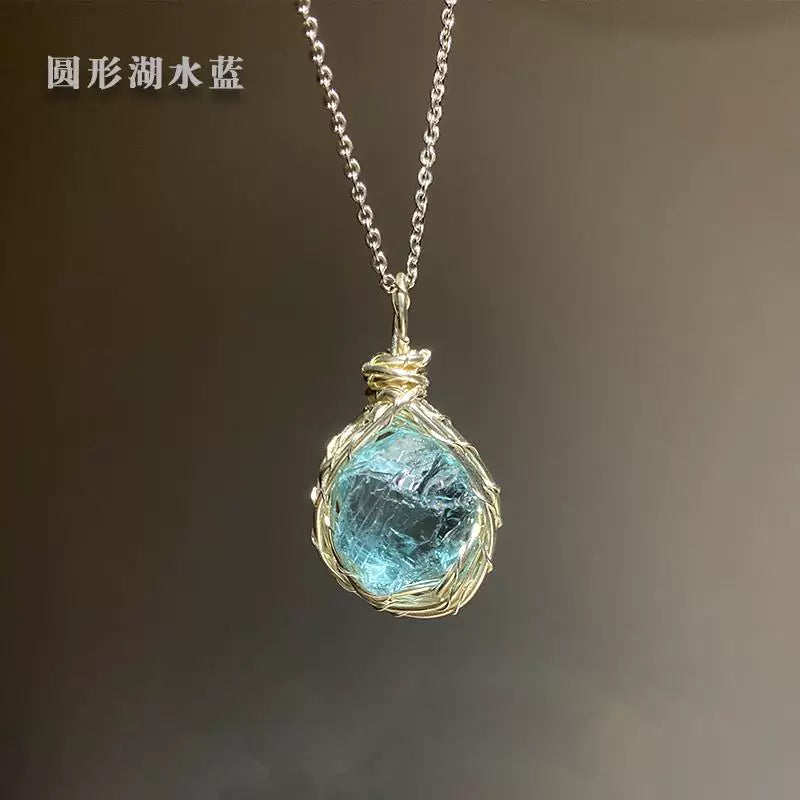 手工绕线琉璃项链吊坠菱形圆形湖水蓝清水蓝项链首饰湖蓝蛋白礼物