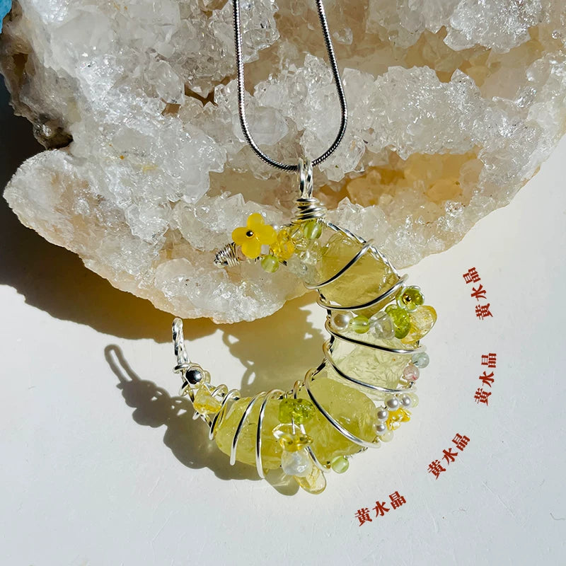 海蓝宝紫水晶粉白水晶纯手工月亮绕线项链锁骨链吊坠挂坠天然原石