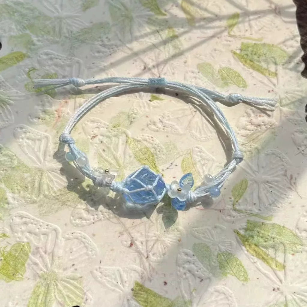 退潮原创设计手编绳琉璃水晶海蓝宝蛋白石项链吊坠海蓝宝礼物蝴蝶