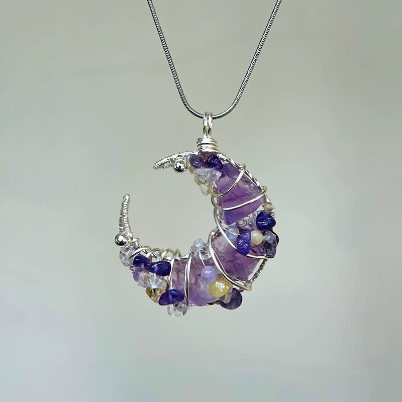 海蓝宝紫水晶粉白水晶纯手工月亮绕线项链锁骨链吊坠挂坠天然原石